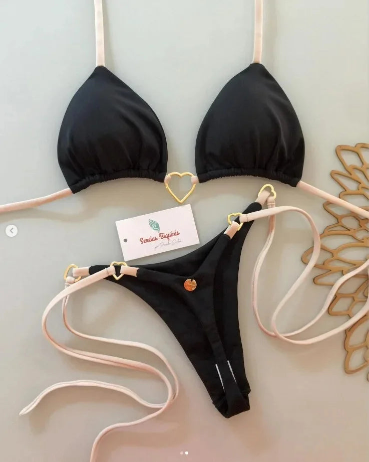 2025 New Metal Decorative Halter Bikini Sexy Brazilian Solid Color Separate Swimming Suits Women's Fashion Swimwear