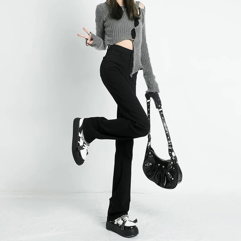 Autumn New Women's Stretch Jeans High Waist Slim Straight Vintage Washed Denim Pants Fashion Korean Street Y2K Female Clothing