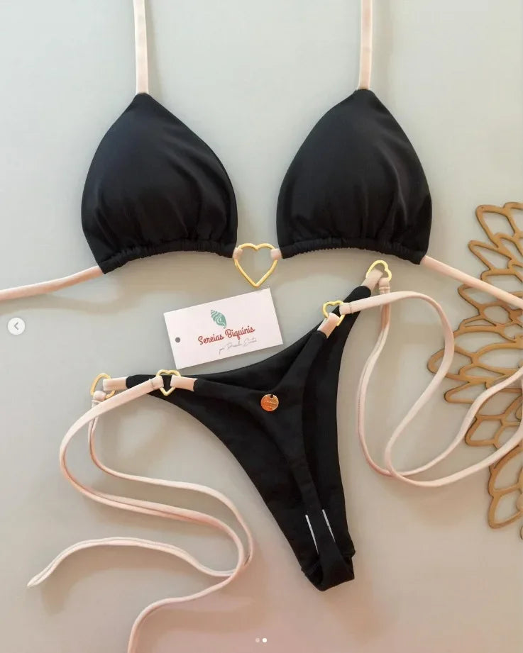 2025 New Metal Decorative Halter Bikini Sexy Brazilian Solid Color Separate Swimming Suits Women's Fashion Swimwear