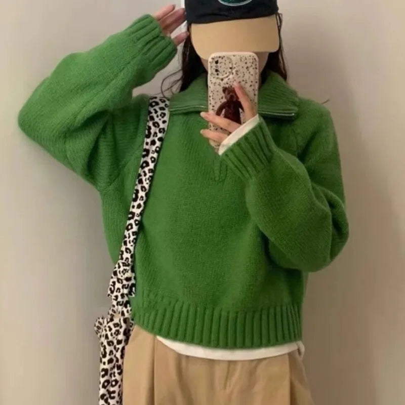 Long-Sleeved Semi-Turtleneck Zipper Sweater