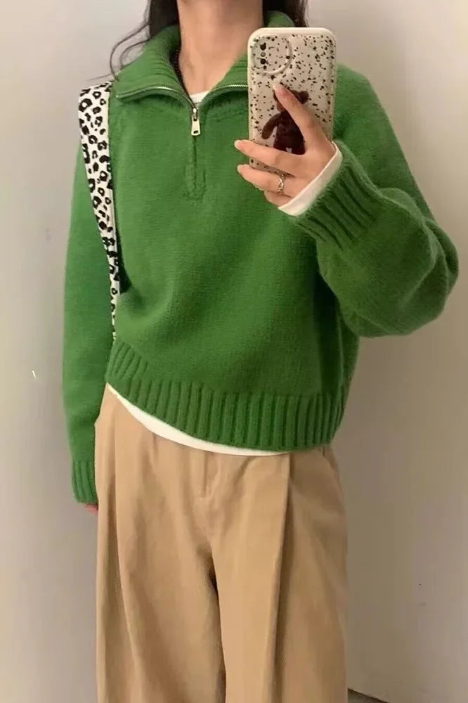 Long-Sleeved Semi-Turtleneck Zipper Sweater