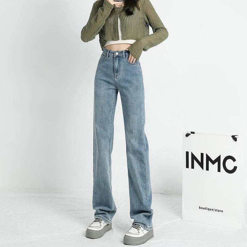 Autumn New Women's Stretch Jeans High Waist Slim Straight Vintage Washed Denim Pants Fashion Korean Street Y2K Female Clothing