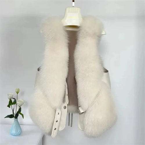 2024 Autumn and Winter Fox Fur Vest Short Style Splicing Solid Color Fur New Camry Shoulder V-neck Qianjin Style Short Style