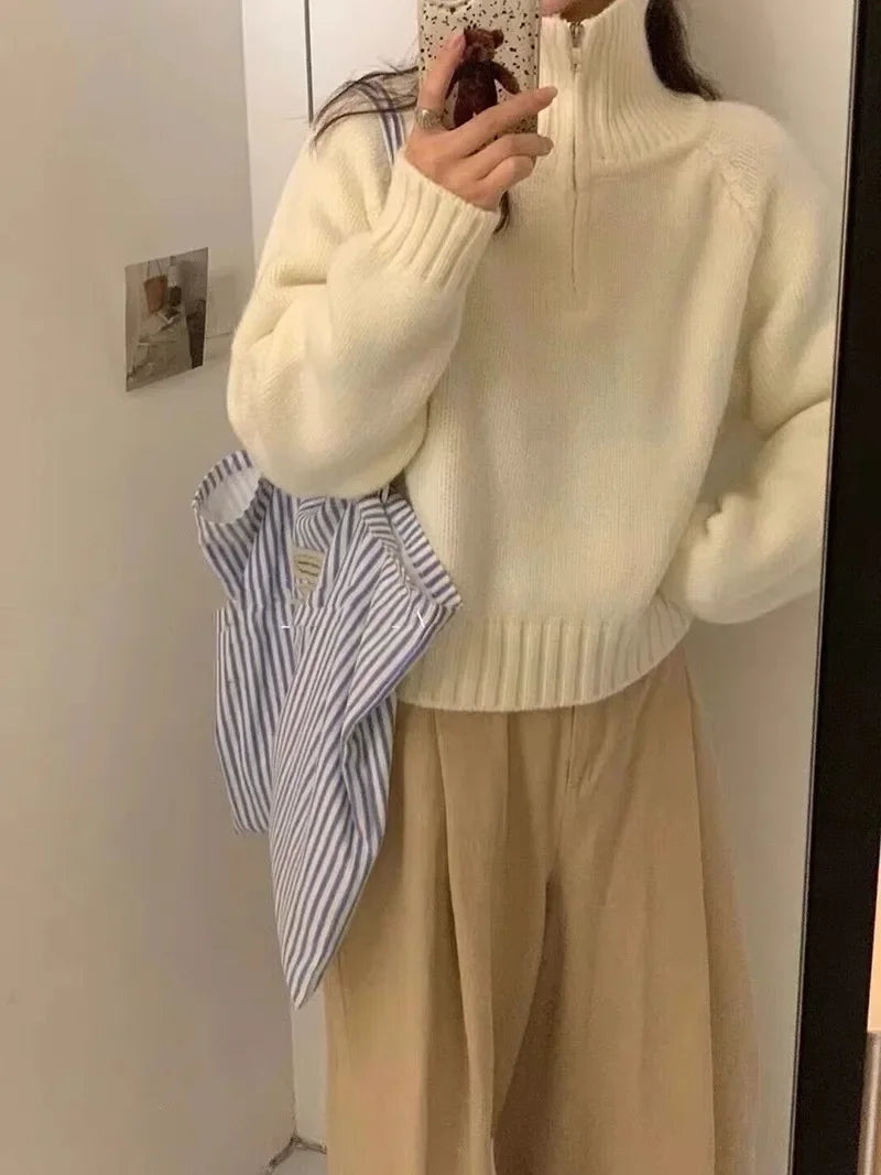 Long-Sleeved Semi-Turtleneck Zipper Sweater