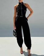 2025 Sexy Elegant 2 Pieces Sets Womens Outfits Sleeveless High Neck Cargo Pockets Design Top and Casual Cuffed Long Pants Set