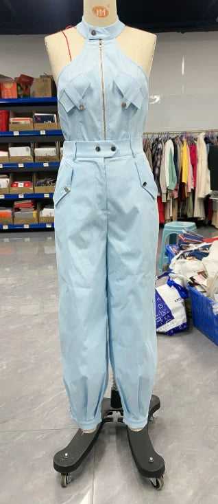 2025 Sexy Elegant 2 Pieces Sets Womens Outfits Sleeveless High Neck Cargo Pockets Design Top and Casual Cuffed Long Pants Set