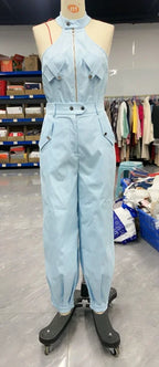 2025 Sexy Elegant 2 Pieces Sets Womens Outfits Sleeveless High Neck Cargo Pockets Design Top and Casual Cuffed Long Pants Set