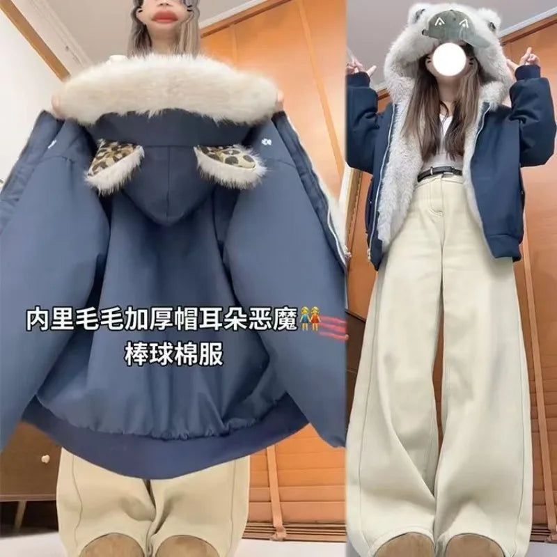 American New High Street Devil Cat Claw Embroidered Coat Y2K Korean Version Warm Mountain Carving Cotton-padded Jacket Couple