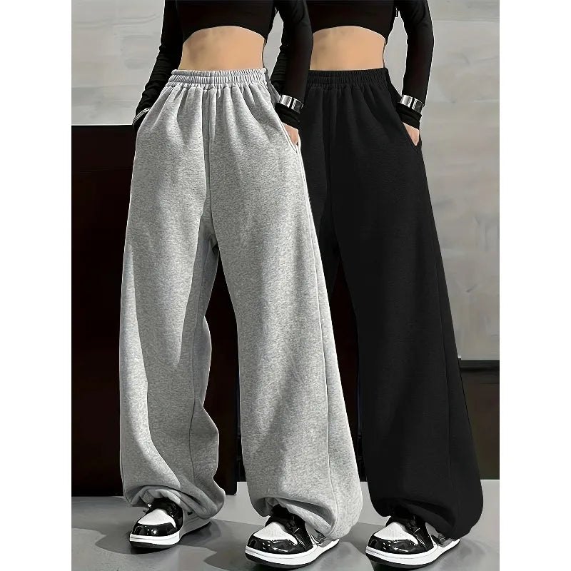 Solid Color Comfortable Wide Leg Pants with Elastic Waist Pocket
