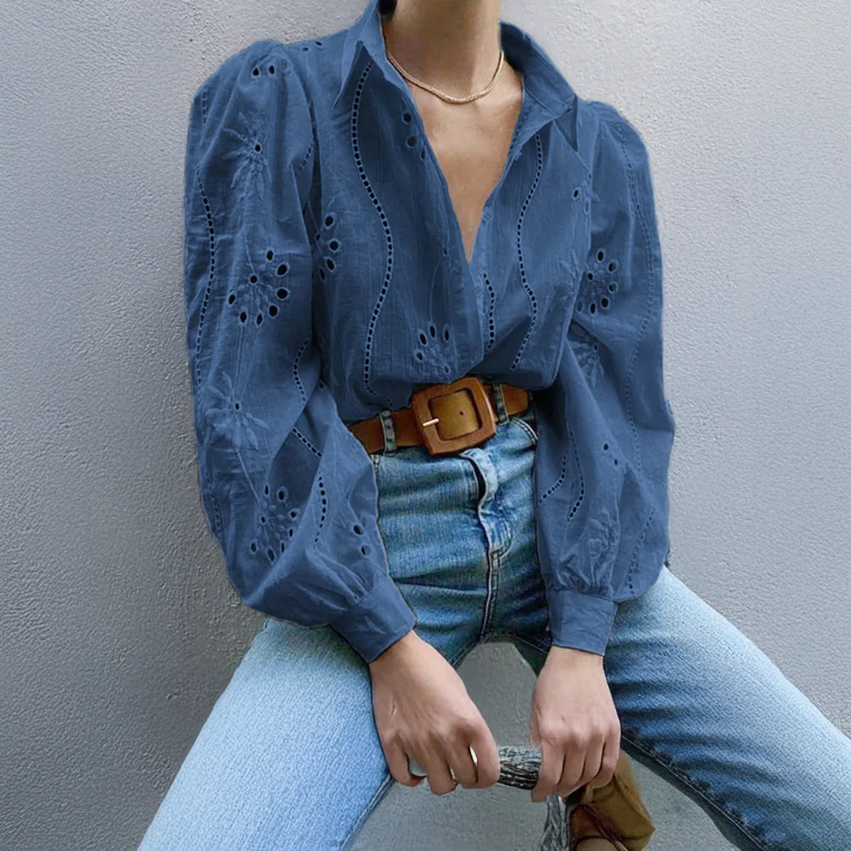 2025 Autumn New Solid Shirt Casual Loose Fashion Hollow Puff Sleeve Cardigan Tops For Women Office Black Hollow out Blouses