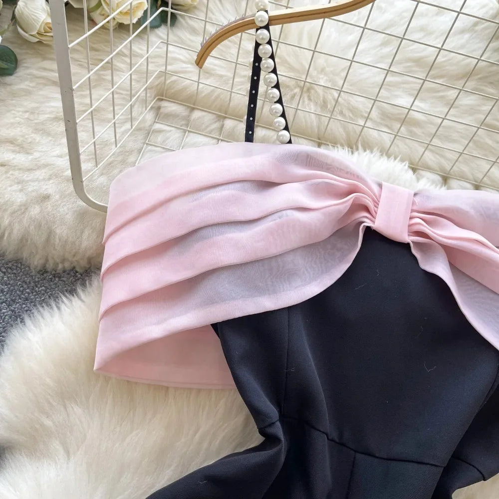 Basics pearls Sleeveless Vintage Spliced  Asymmetrical ruffle Top Slim High Waist short Pants Vacation High Street Summer Sets