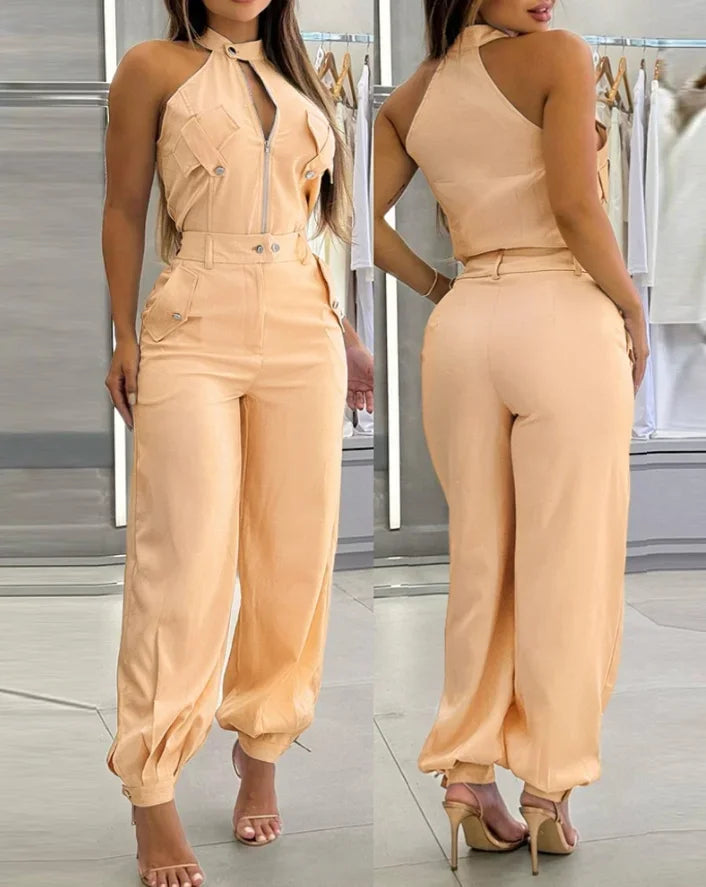 2025 Sexy Elegant 2 Pieces Sets Womens Outfits Sleeveless High Neck Cargo Pockets Design Top and Casual Cuffed Long Pants Set
