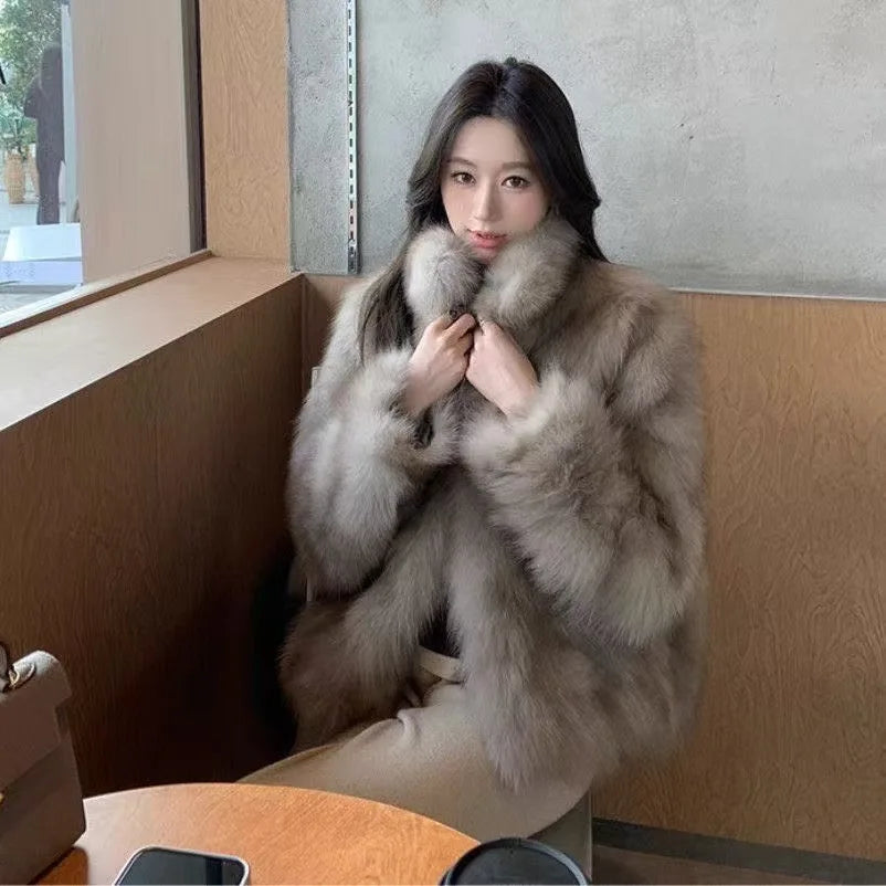 Brown Fox Fur Coat Women's Winter Short Plush Eco-friendly Synthetic Leather Jacket Stylish Mini Fur Coat for Ladies