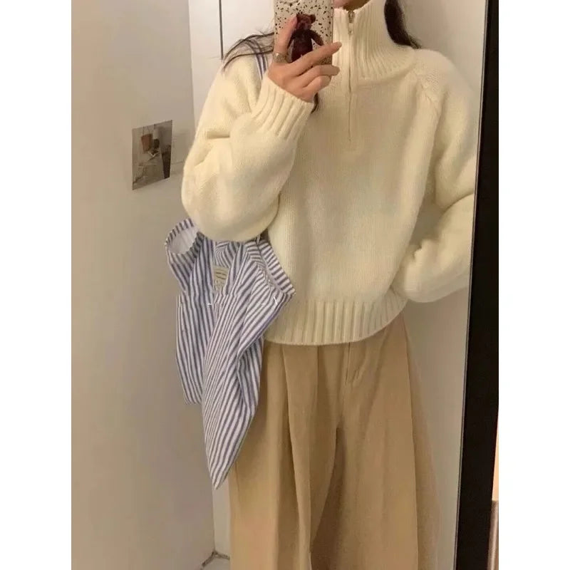 Long-Sleeved Semi-Turtleneck Zipper Sweater