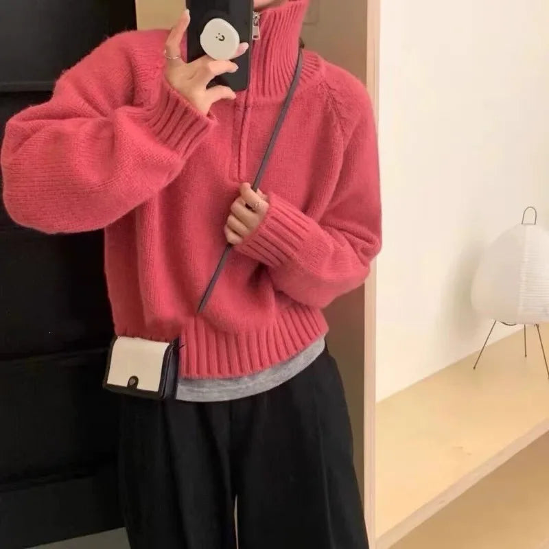 Long-Sleeved Semi-Turtleneck Zipper Sweater