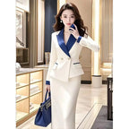 Autumn New Elegant Women Patchwork Suit Fashion Notched Collar  Long Sleeves Office Lady Jacket + Slim Midi Skirt 2 Pcs Set 841P