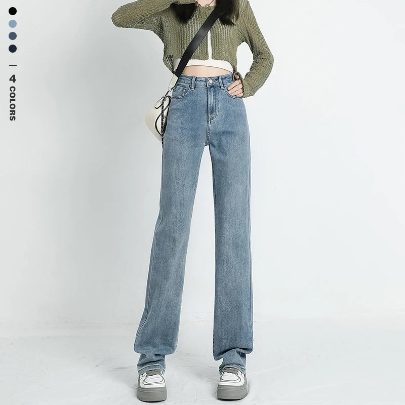Autumn New Women's Stretch Jeans High Waist Slim Straight Vintage Washed Denim Pants Fashion Korean Street Y2K Female Clothing