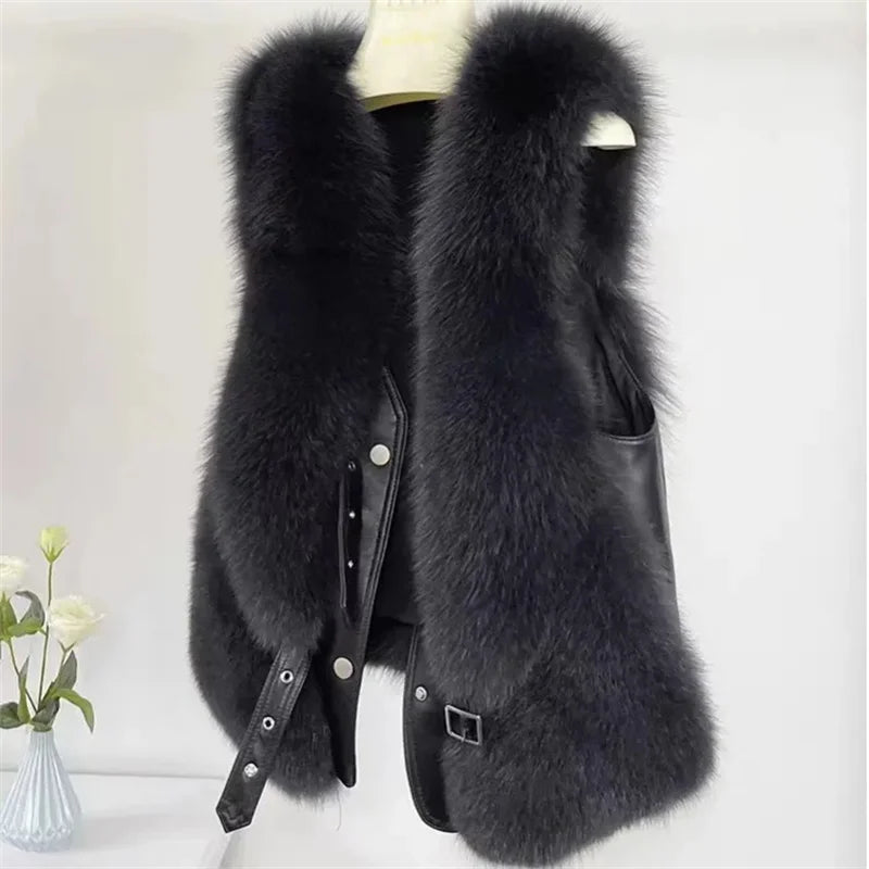 2024 Autumn and Winter Fox Fur Vest Short Style Splicing Solid Color Fur New Camry Shoulder V-neck Qianjin Style Short Style