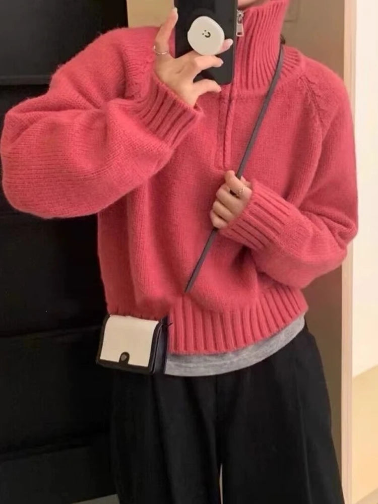 Long-Sleeved Semi-Turtleneck Zipper Sweater