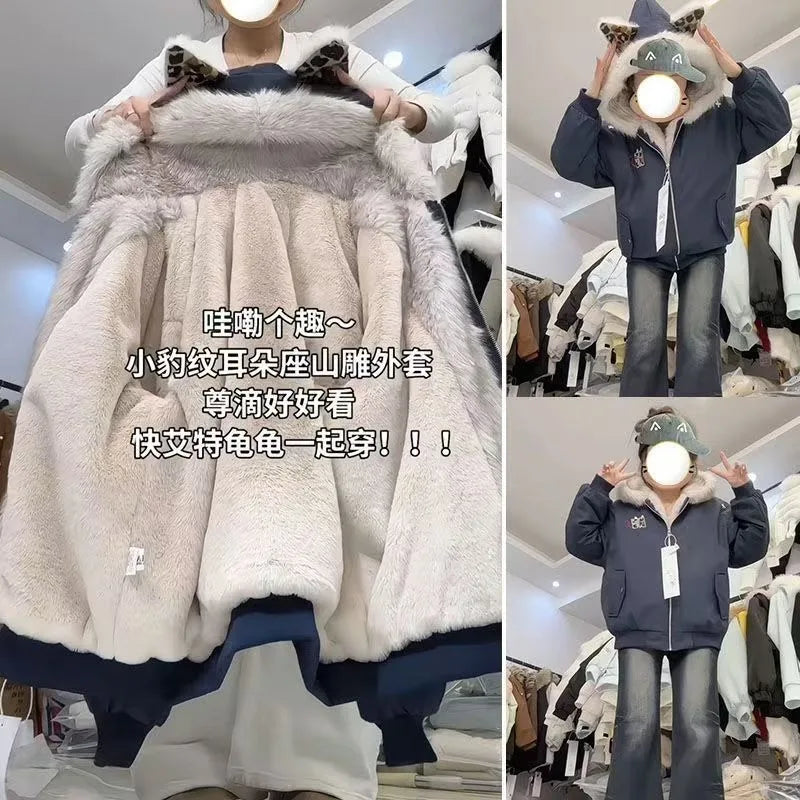 American New High Street Devil Cat Claw Embroidered Coat Y2K Korean Version Warm Mountain Carving Cotton-padded Jacket Couple