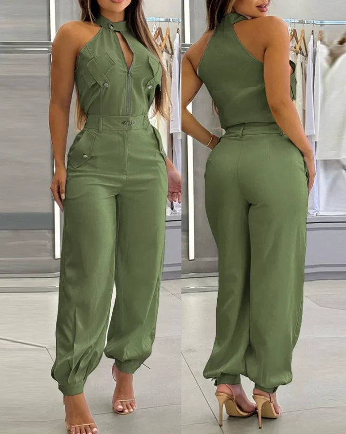2025 Sexy Elegant 2 Pieces Sets Womens Outfits Sleeveless High Neck Cargo Pockets Design Top and Casual Cuffed Long Pants Set