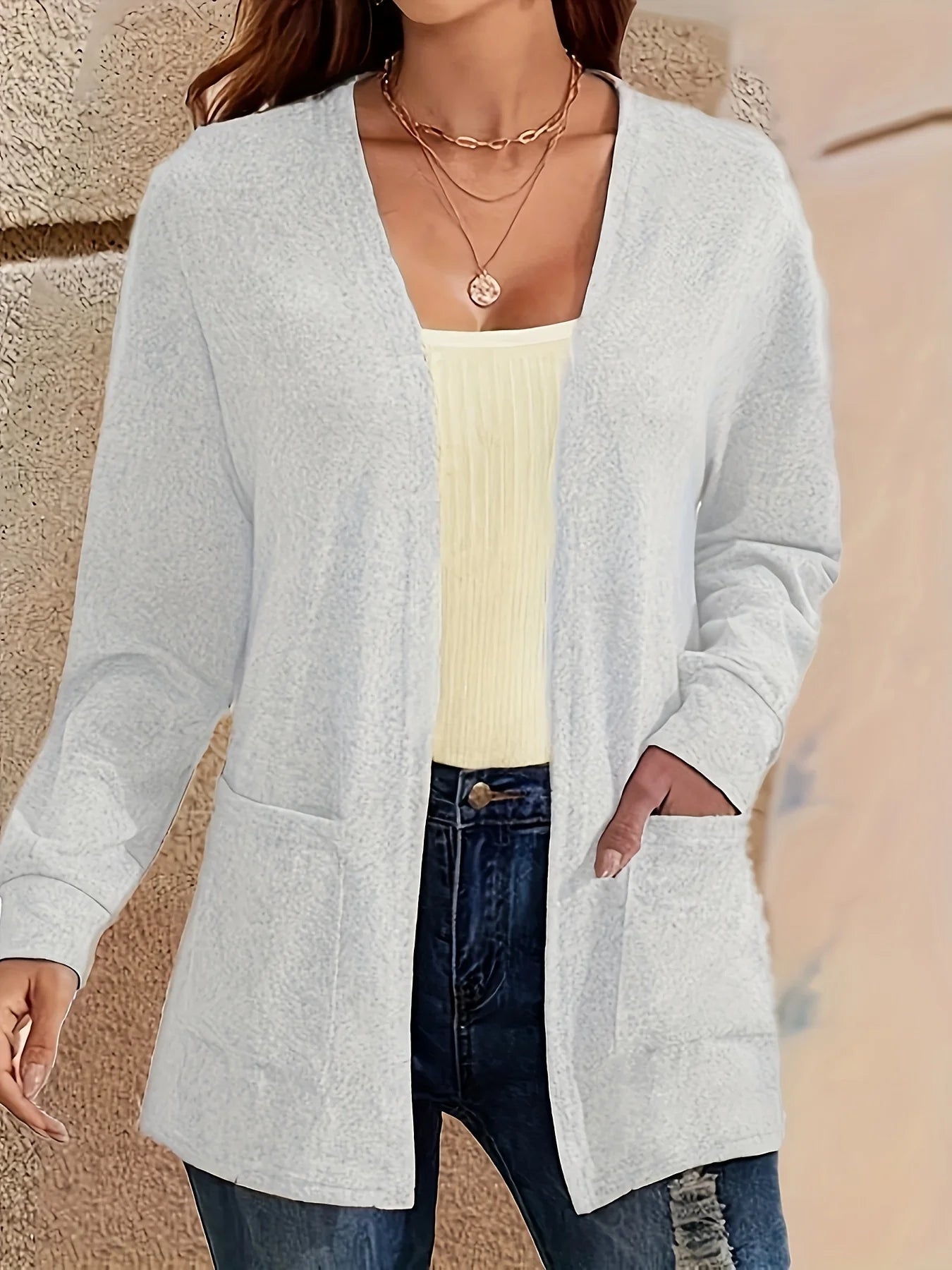 Autumn chic casual solid color pocket thin plus size women's jacket cardigan