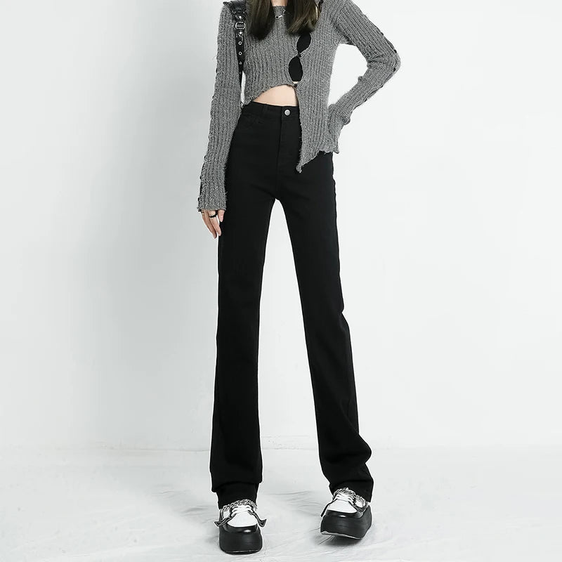 Autumn New Women's Stretch Jeans High Waist Slim Straight Vintage Washed Denim Pants Fashion Korean Street Y2K Female Clothing