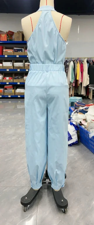 2025 Sexy Elegant 2 Pieces Sets Womens Outfits Sleeveless High Neck Cargo Pockets Design Top and Casual Cuffed Long Pants Set