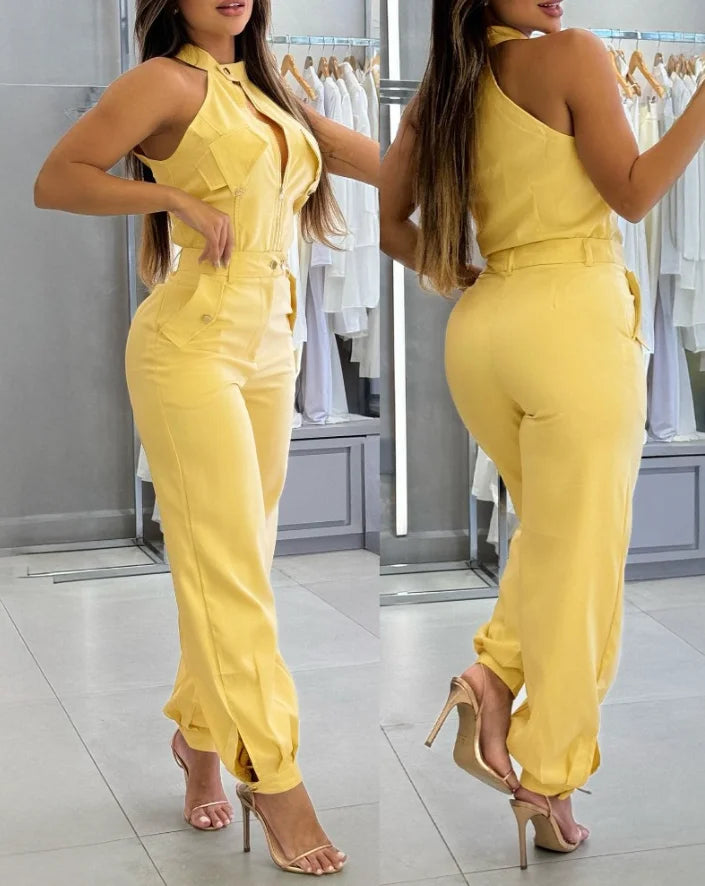 2025 Sexy Elegant 2 Pieces Sets Womens Outfits Sleeveless High Neck Cargo Pockets Design Top and Casual Cuffed Long Pants Set