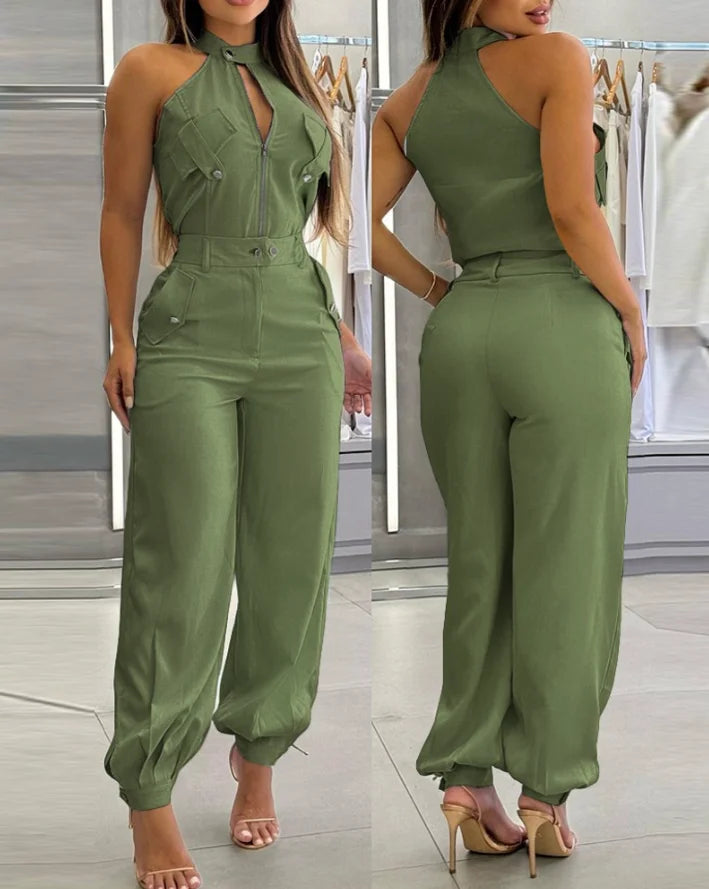 2025 Sexy Elegant 2 Pieces Sets Womens Outfits Sleeveless High Neck Cargo Pockets Design Top and Casual Cuffed Long Pants Set