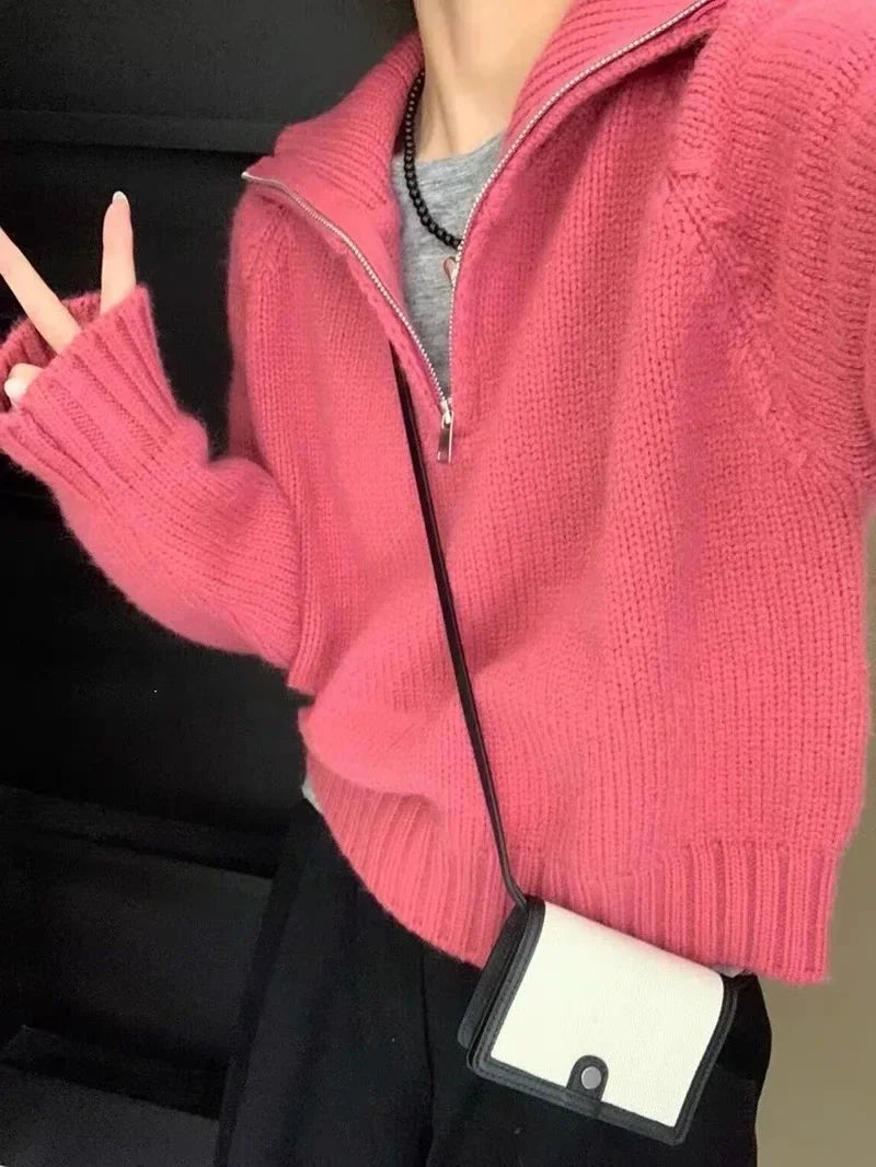 Long-Sleeved Semi-Turtleneck Zipper Sweater