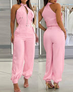 2025 Sexy Elegant 2 Pieces Sets Womens Outfits Sleeveless High Neck Cargo Pockets Design Top and Casual Cuffed Long Pants Set