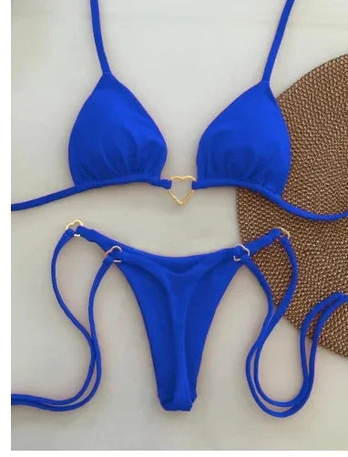 2025 New Metal Decorative Halter Bikini Sexy Brazilian Solid Color Separate Swimming Suits Women's Fashion Swimwear