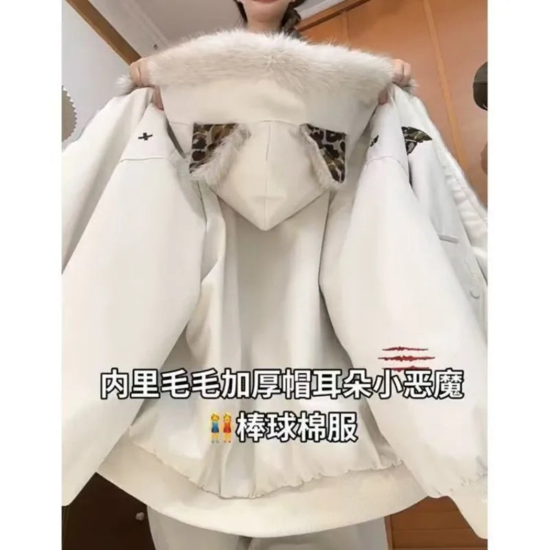 American New High Street Devil Cat Claw Embroidered Coat Y2K Korean Version Warm Mountain Carving Cotton-padded Jacket Couple