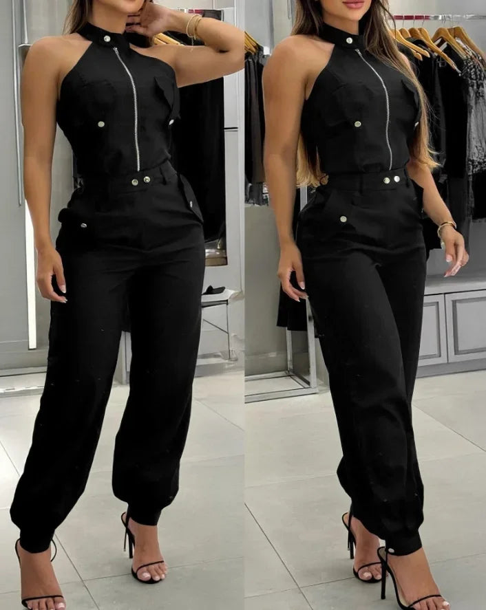 2025 Sexy Elegant 2 Pieces Sets Womens Outfits Sleeveless High Neck Cargo Pockets Design Top and Casual Cuffed Long Pants Set