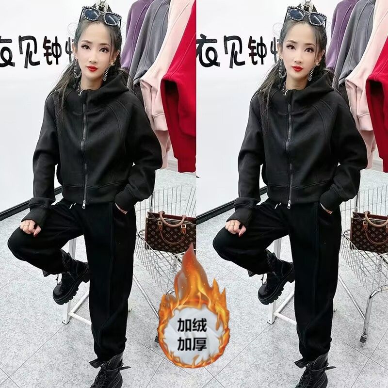 Two-Piece Fleece-Lined Thickened Winter Sweatshirt Set