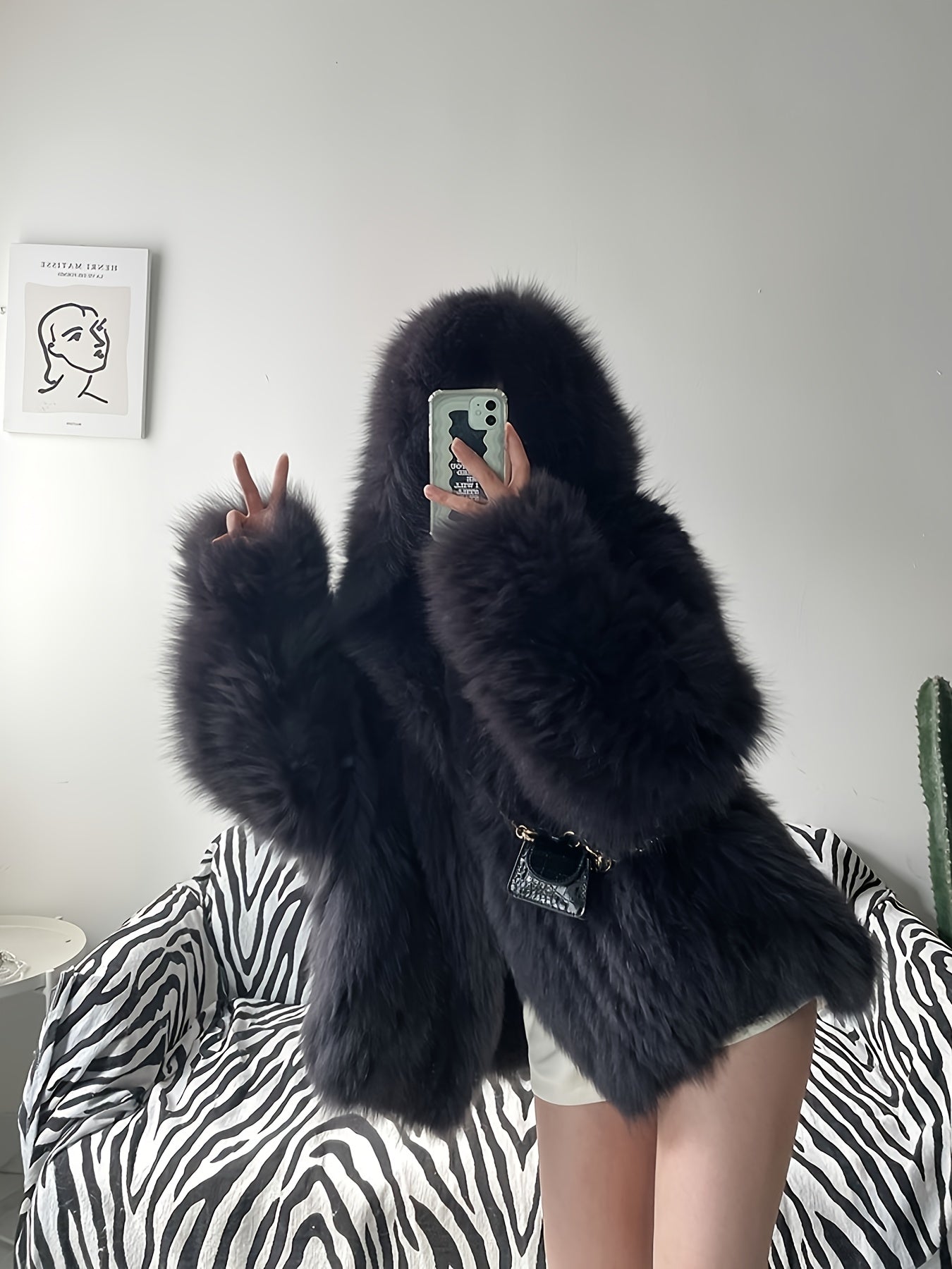 Large Hooded Faux Fox Fur Coat