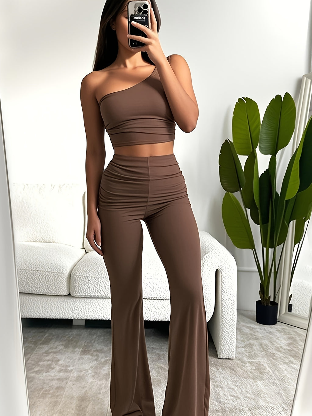Brown One-Shoulder Cropped Top & High Waist Flare Pants Set