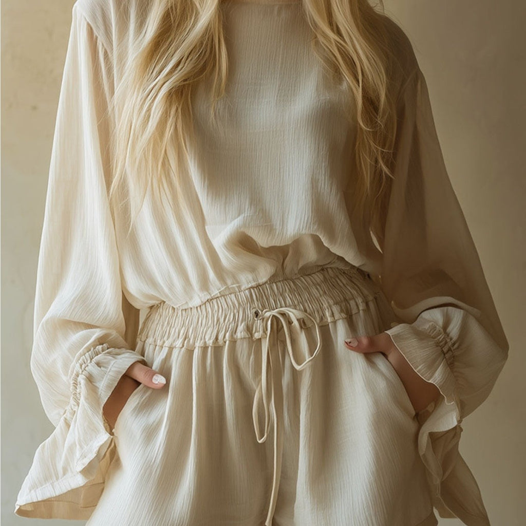 Light Beige Crew Neck Lantern Sleeve Oversized Top + Drawstring Shorts Women's Suit Set