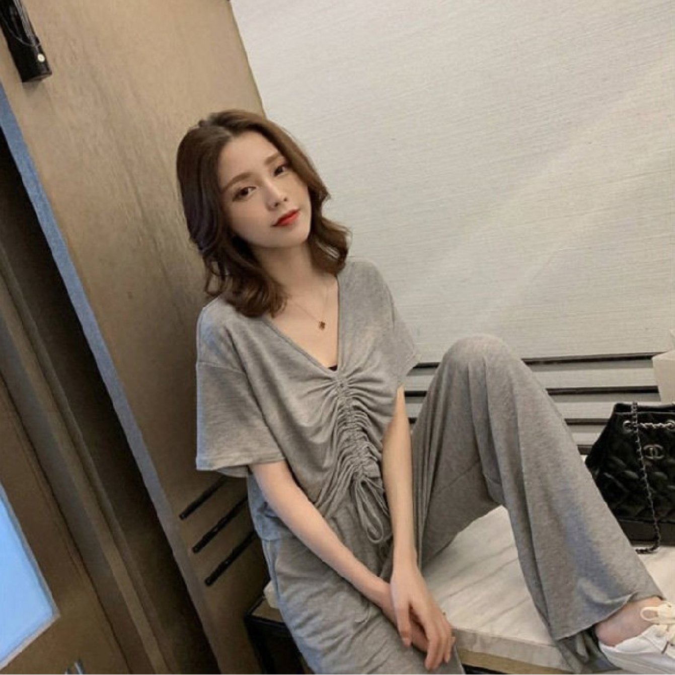 V-neck Short Sleeve Top and Wide-leg Pants Set