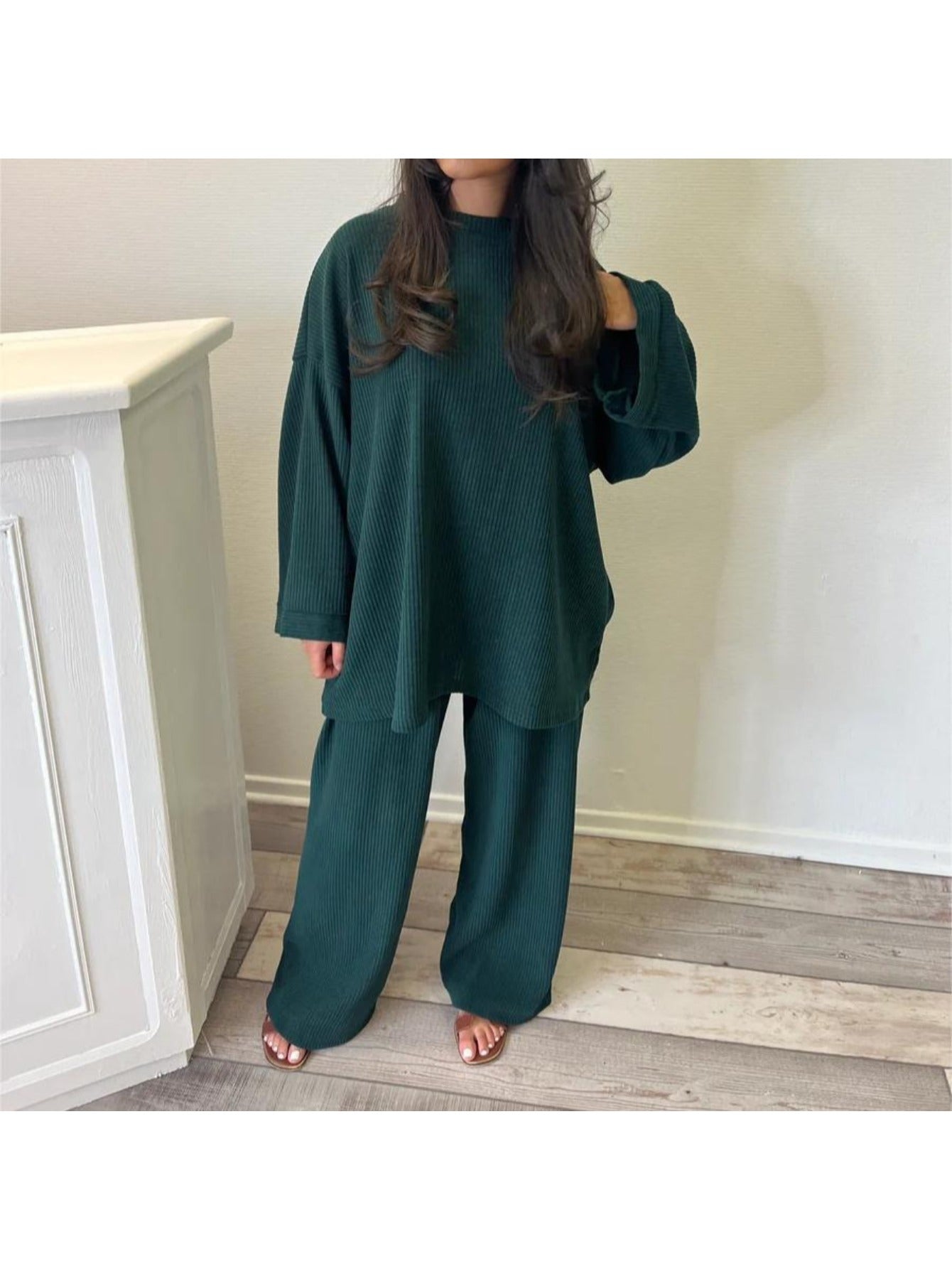 Round Neck Long Sleeve Top Wide Leg Pants Set