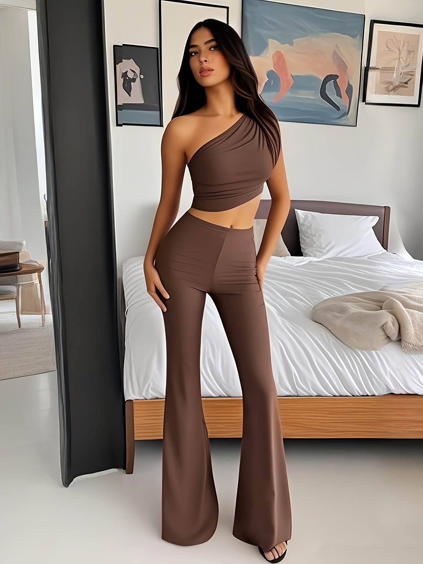 Brown One-Shoulder Cropped Top & High Waist Flare Pants Set