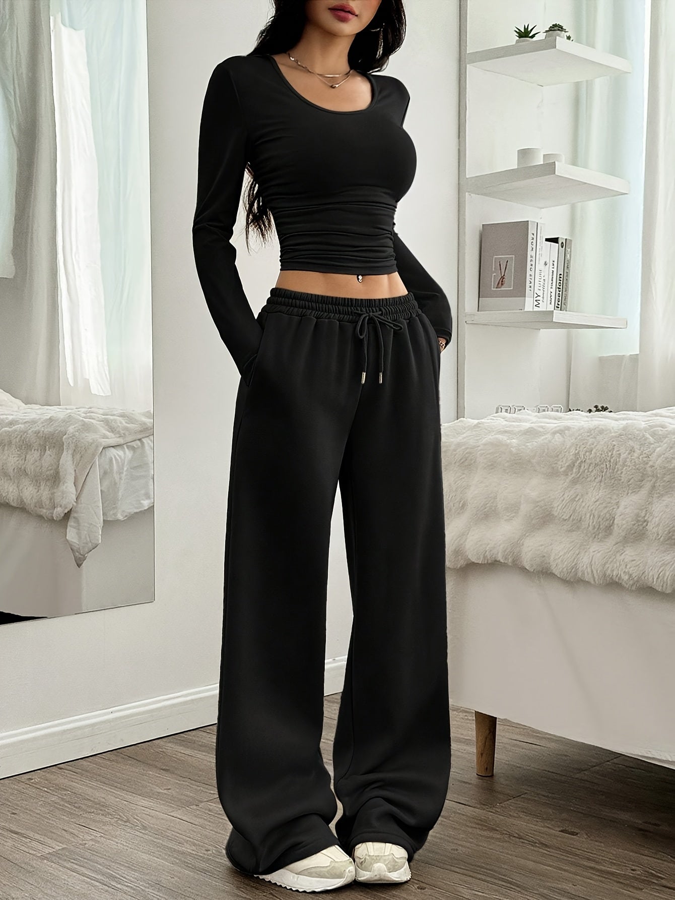 Long Sleeve Pullover and Elastic Waist Wide Leg Pants Two-Piece Set