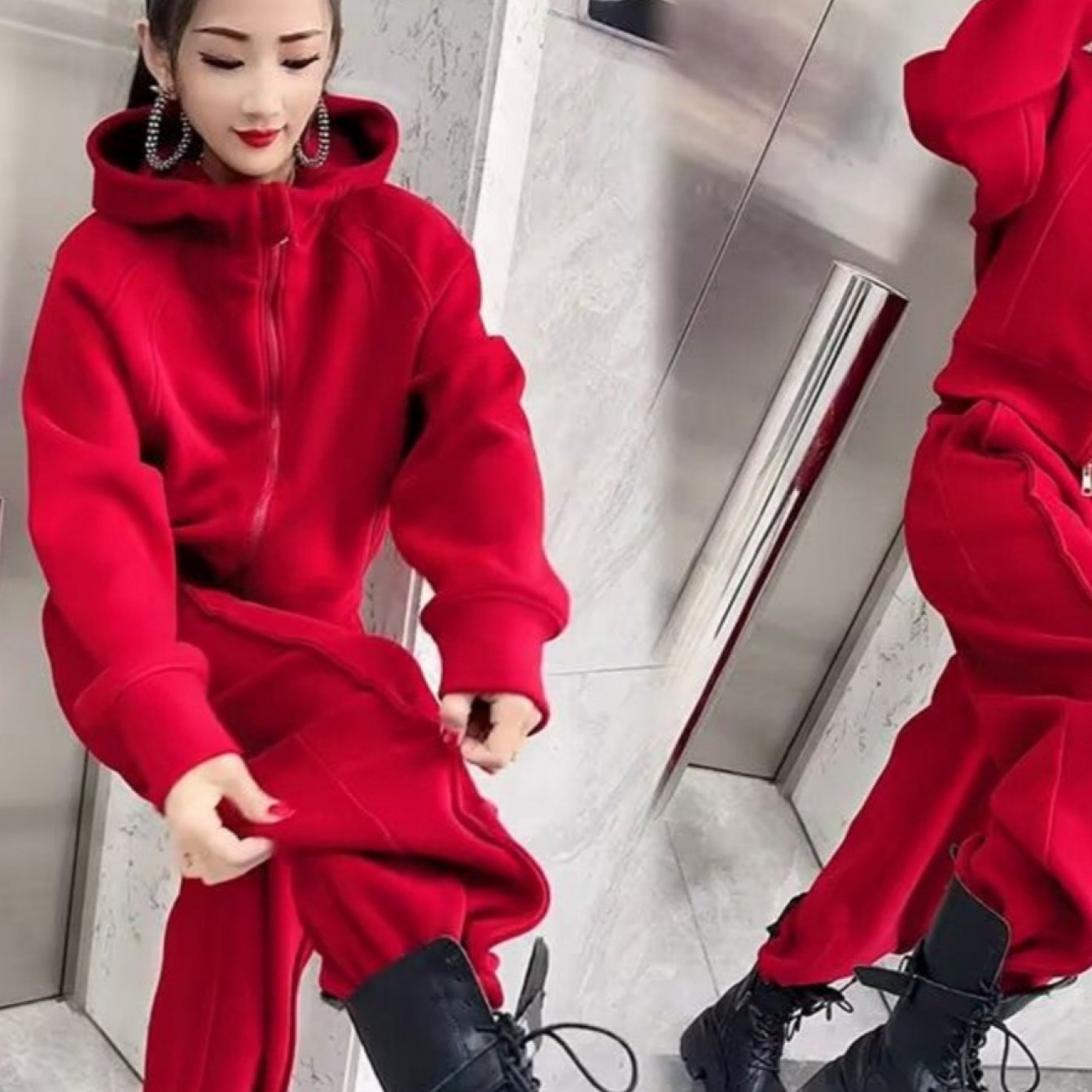 Two-Piece Fleece-Lined Thickened Winter Sweatshirt Set