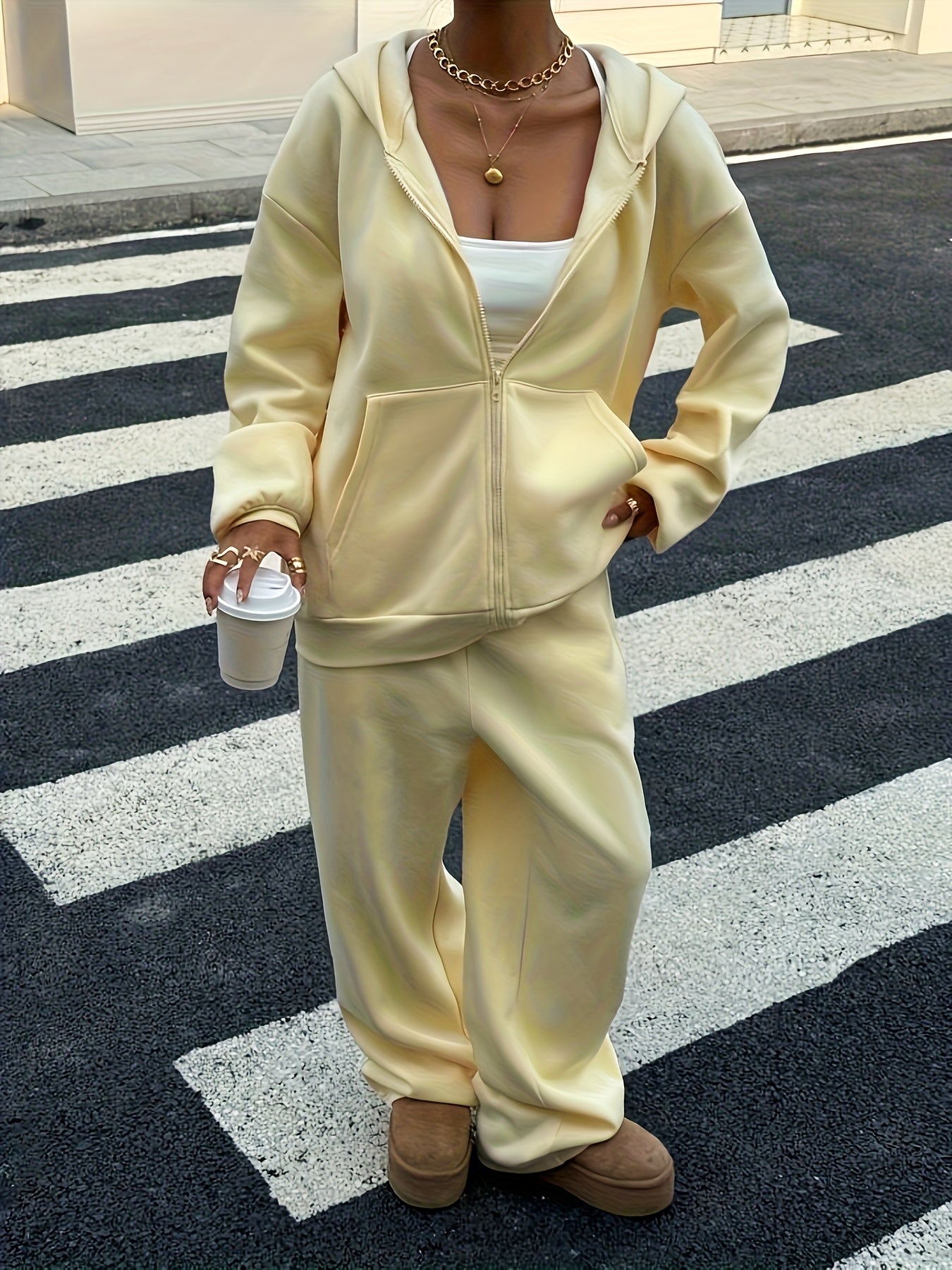 Zipper Detail Loose Sweatshirt and Straight Leg Pants