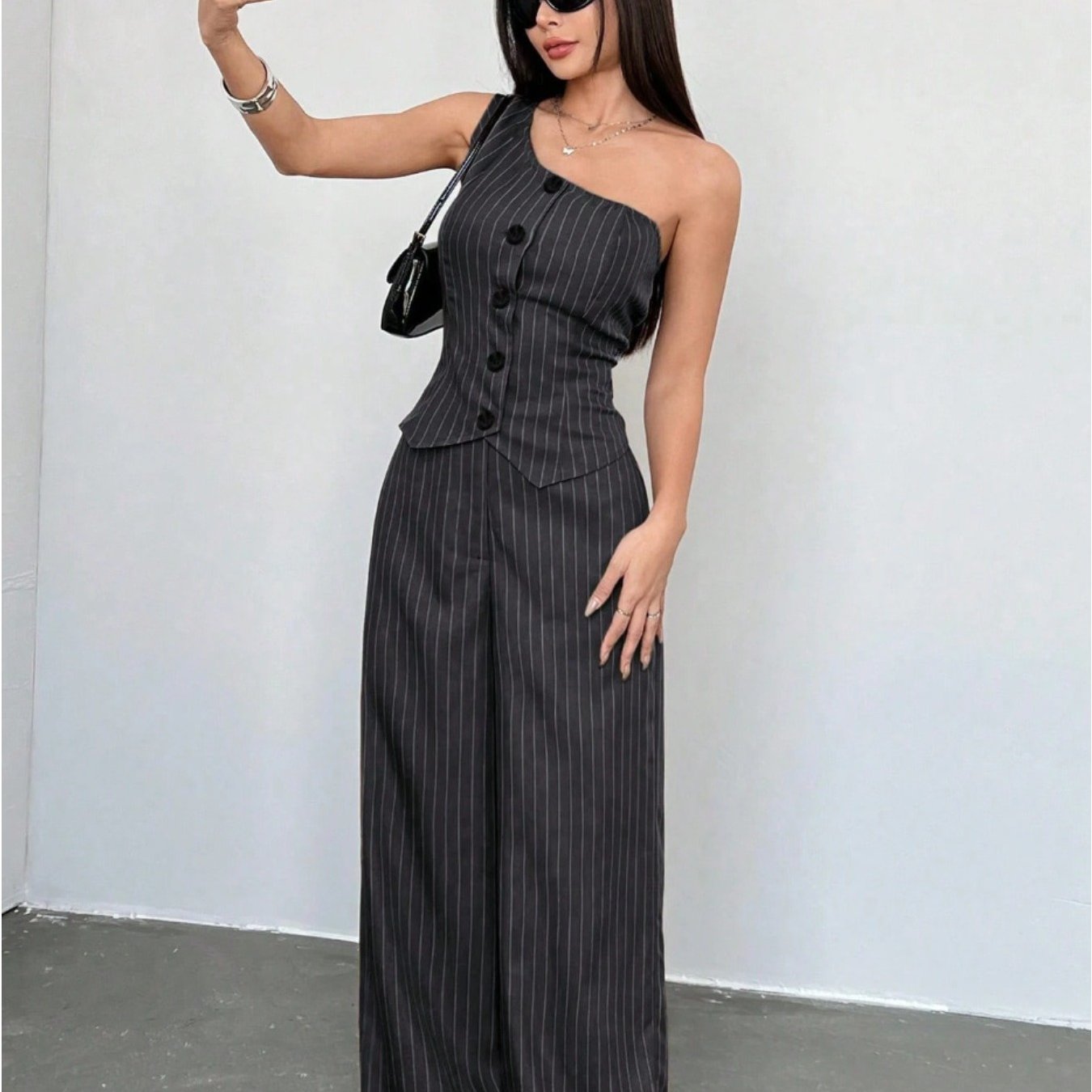 Striped Printed Off-the-Shoulder Waist-Cinching Vest and Elegant Wide-Leg Pants Set