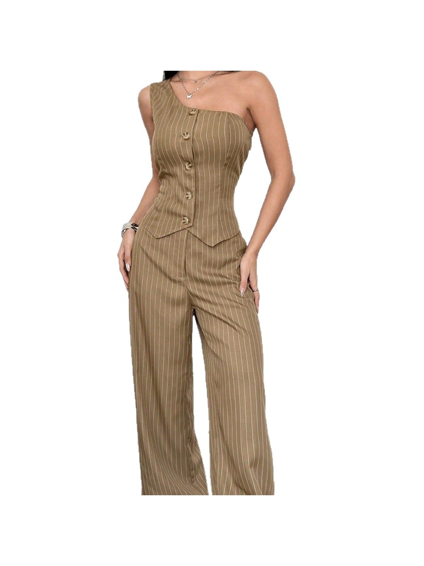 Striped Printed Off-the-Shoulder Waist-Cinching Vest and Elegant Wide-Leg Pants Set