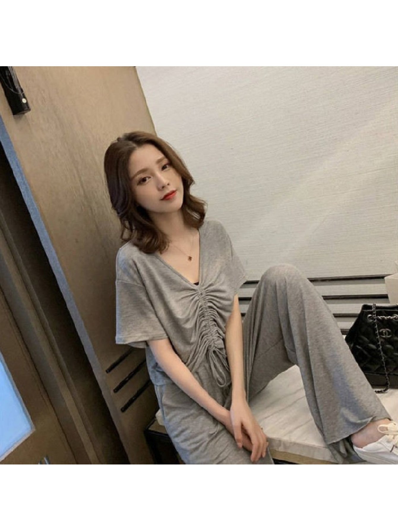 V-neck Short Sleeve Top and Wide-leg Pants Set