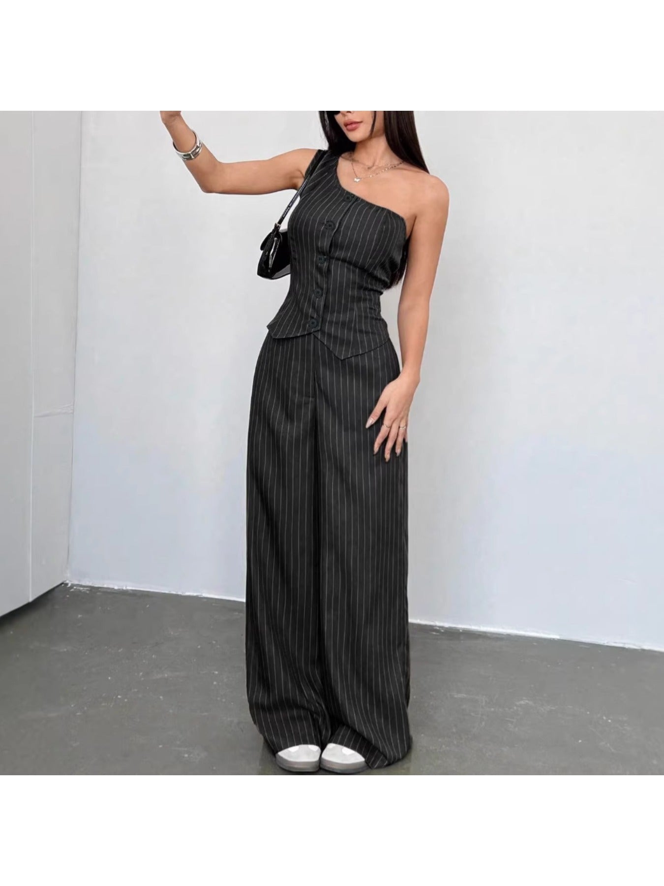 Striped Printed Off-the-Shoulder Waist-Cinching Vest and Elegant Wide-Leg Pants Set