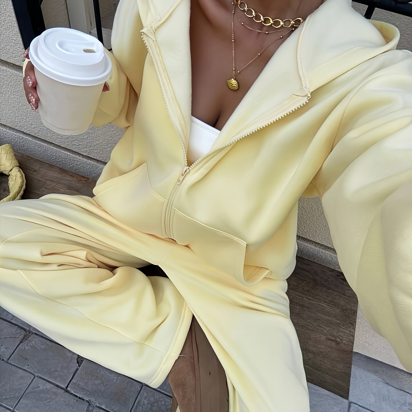 Zipper Detail Loose Sweatshirt and Straight Leg Pants